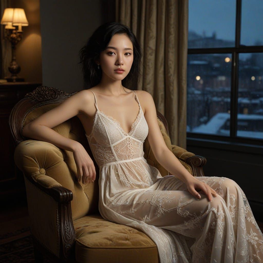 Ethereal Asian Woman Seated in Luxurious Winter Penthouse