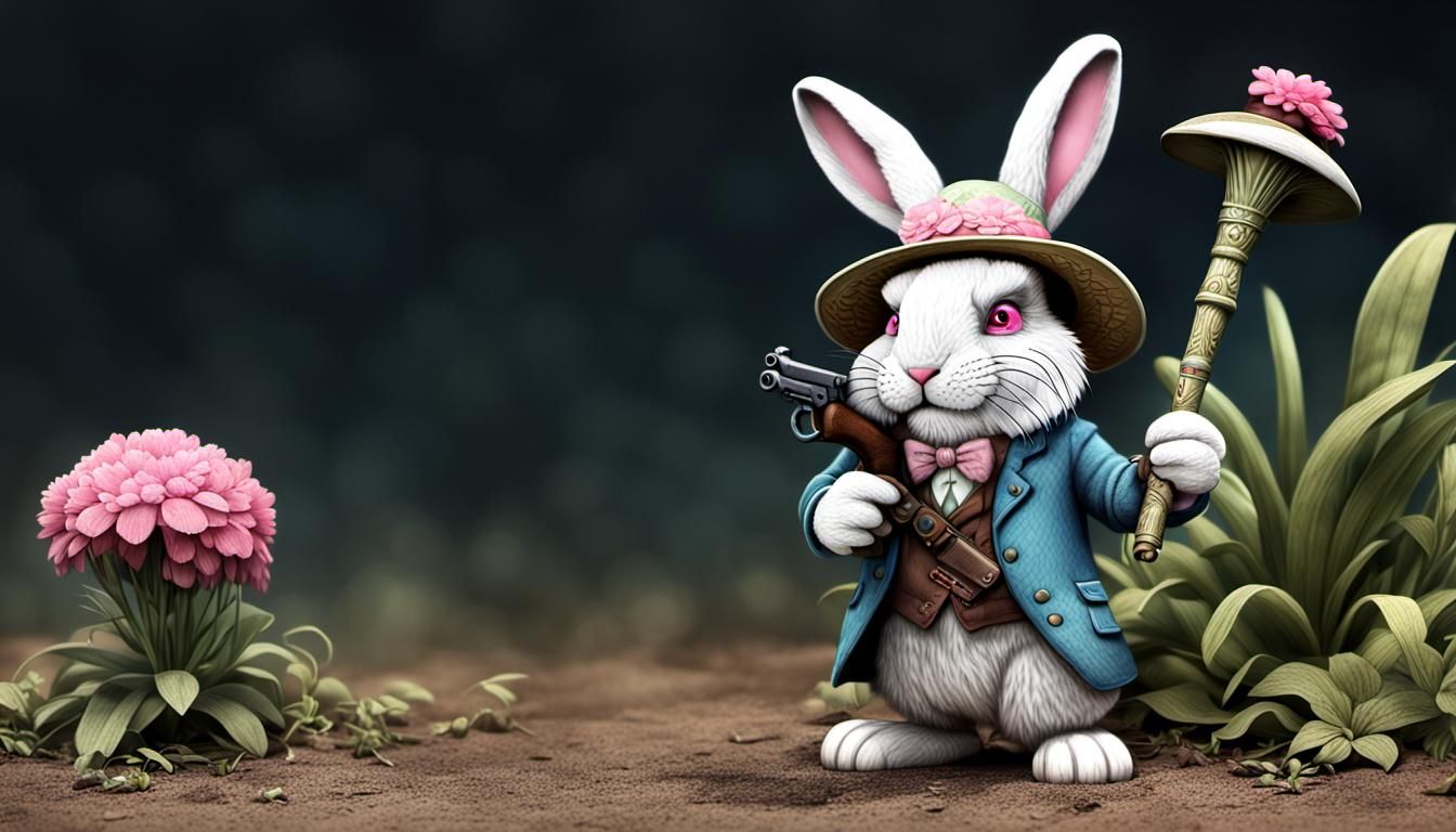 Grumpy Cartoon Rabbit with Pistol: Matte Painting