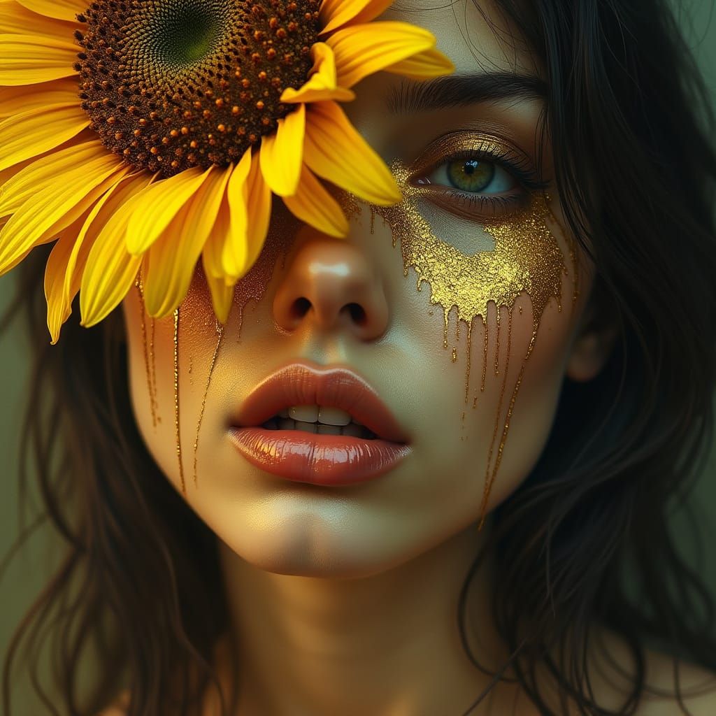 hyper-realism, datamoshing, silverpoint portrait of a woman, gold tones, sunflower covers part of her face, eyes and lip...