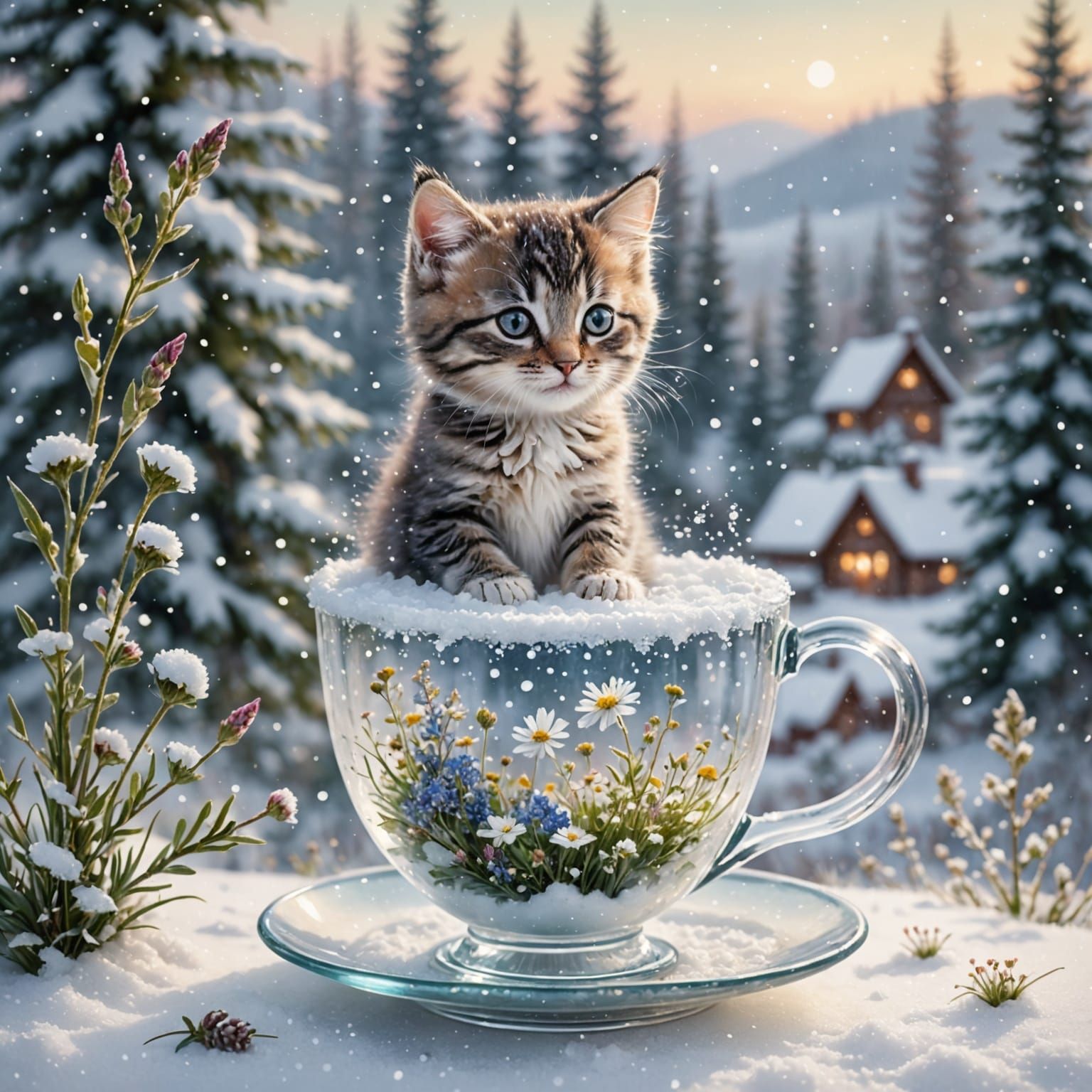 Kitten in Snow-Filled Cup with Wildflowers, Whimsical Waterc...