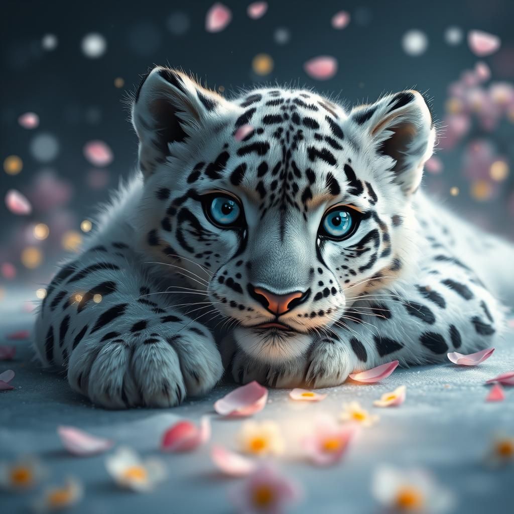 Adorable Snow Leopard in Magical Garden, Digital Art