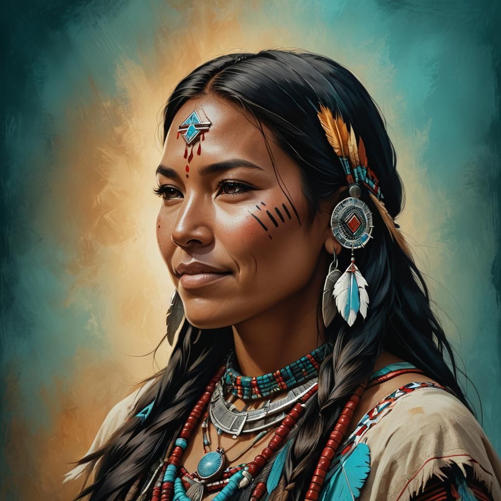 Native American Woman Portrait in Art Nouveau Style