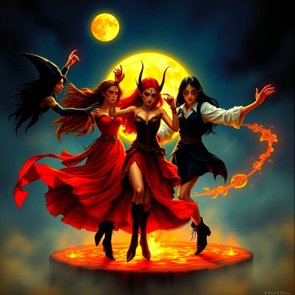 Three Witches Dance Under the Full Moon