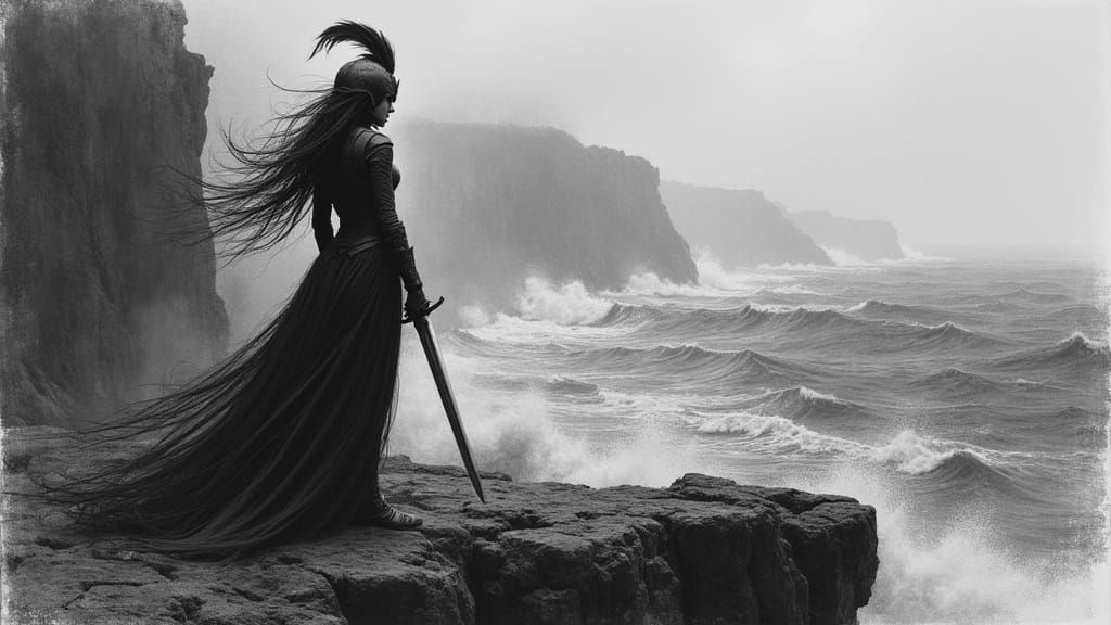 Expressive charcoal sketch. A valkyrie with flowing hair stands on a cliff overlooking a stormy sea. She wears a winged ...