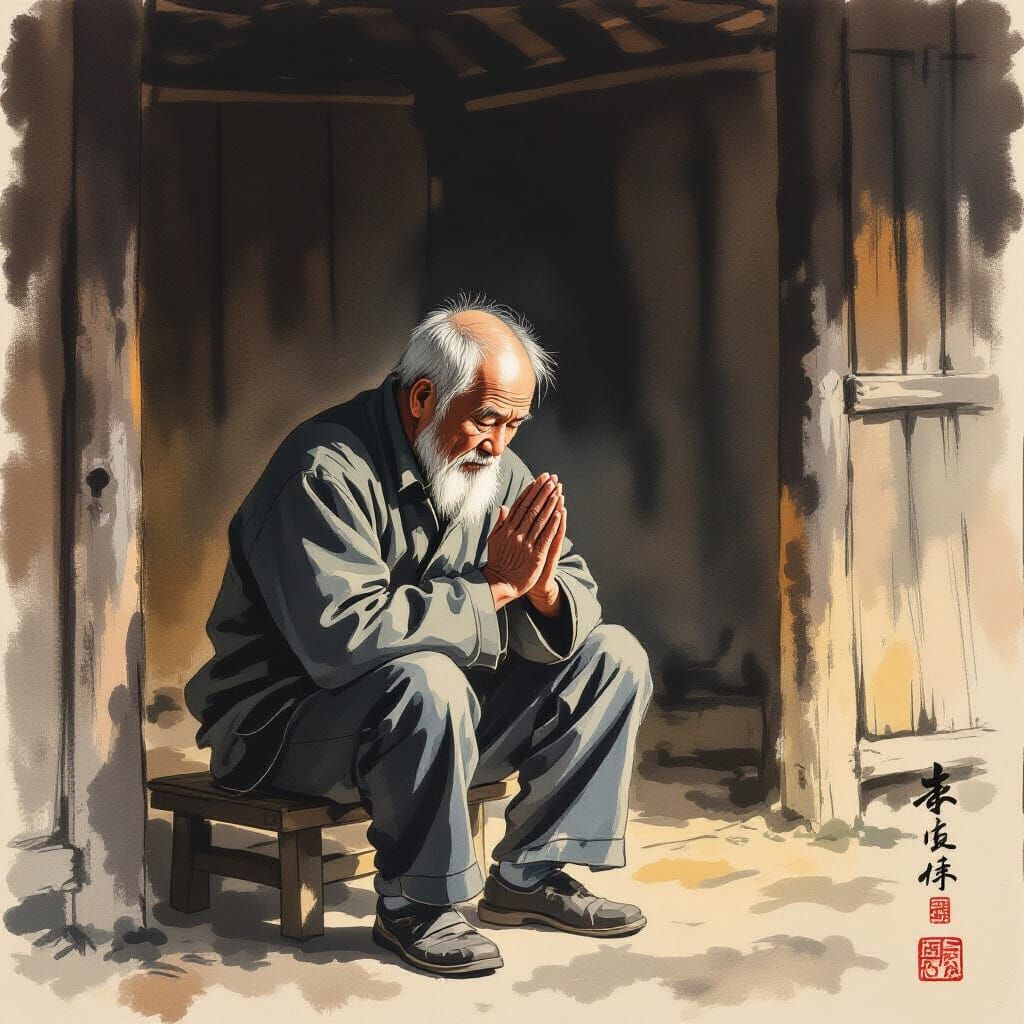Reverence: Elderly Worker in Prayer, Chinese Art Style