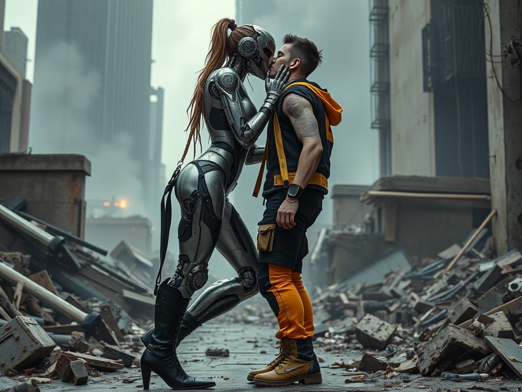 Cyborg and Punk Embrace Amidst Futuristic Ruins