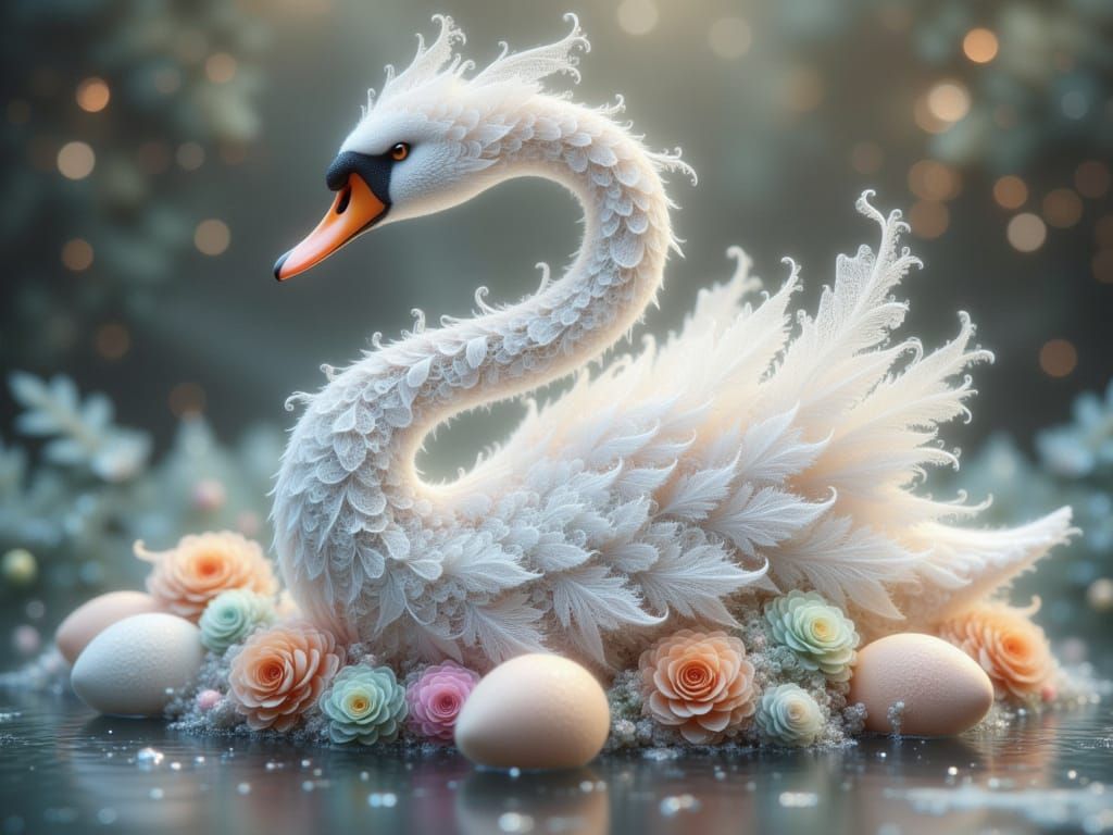 Elegant Swan on Serene Pond in Fractal Lace Style