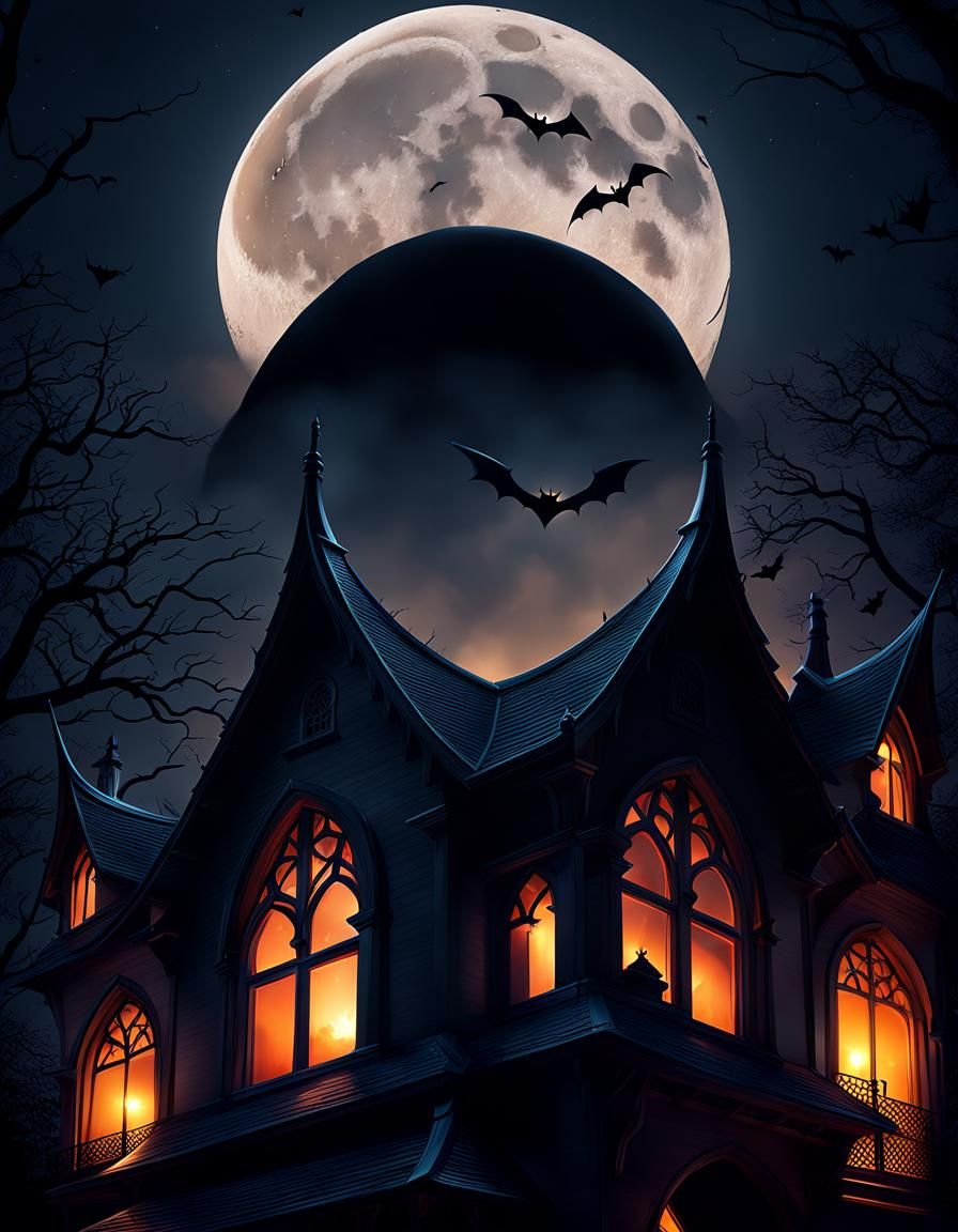 Twilight Moon with Bats and Glowing Eyes