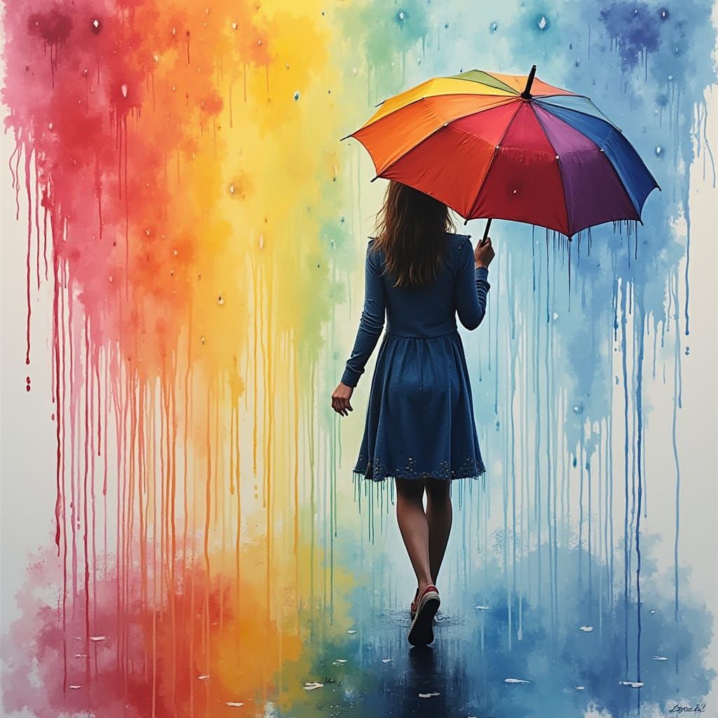 Rainbow Surrealism Gouache Painting of Woman in Transformati...