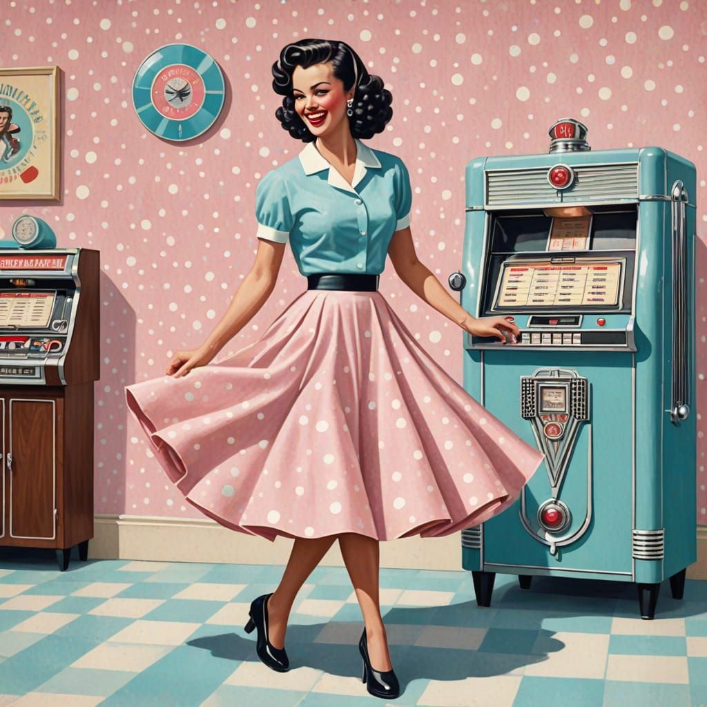 Retro Illustration of Woman Dancing by Jukebox