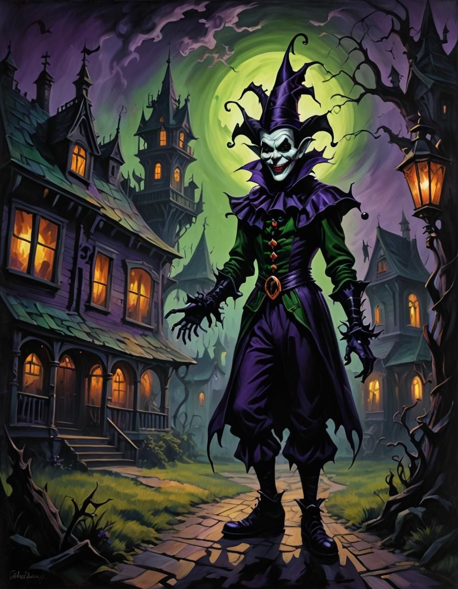 Sinister Jester in Haunted House: Fauvist Oil Painting