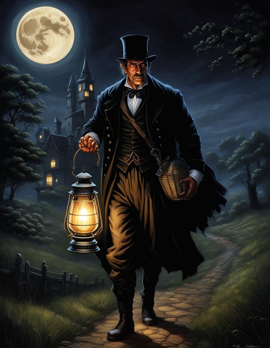 Victorian Lamplighter in Dark Fairytale Landscape