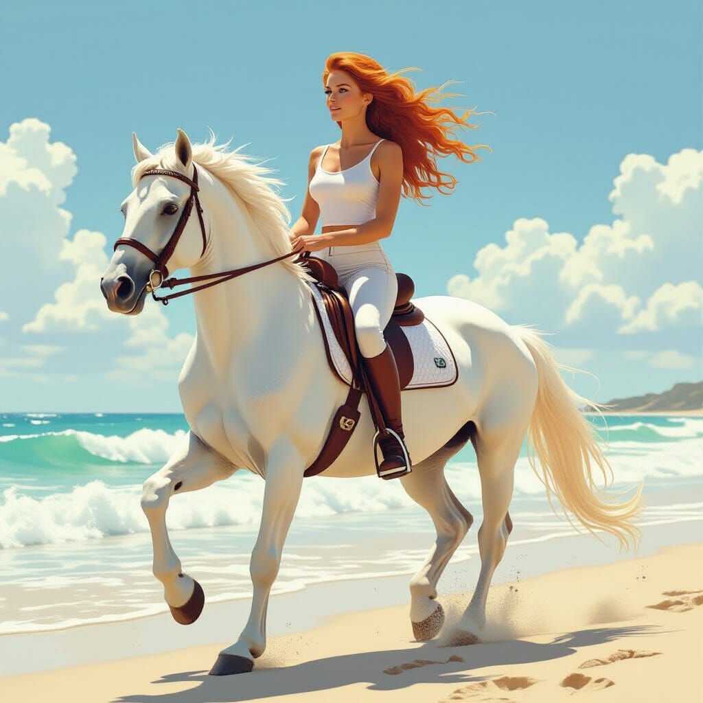 Redhead on White Stallion at Sunny Beach