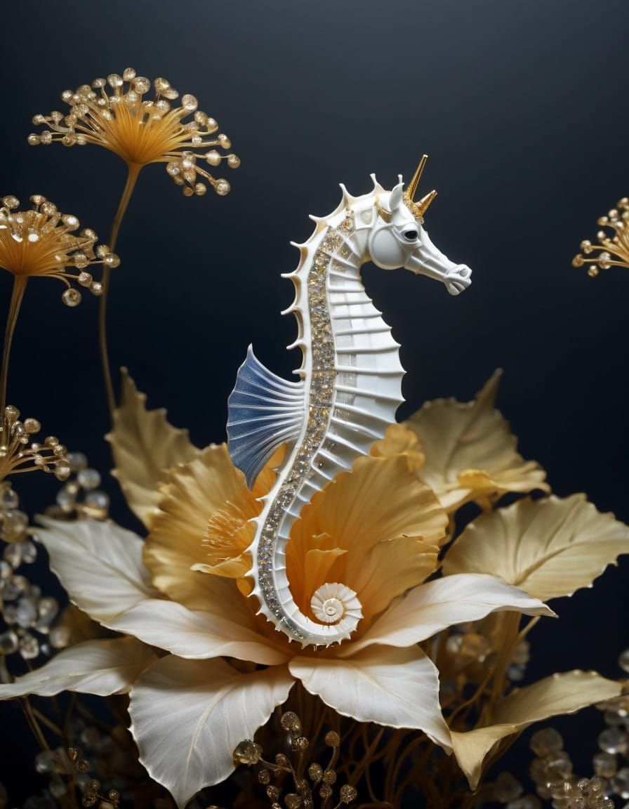 Ethereal White Seahorse in Intricate, Expressive Style