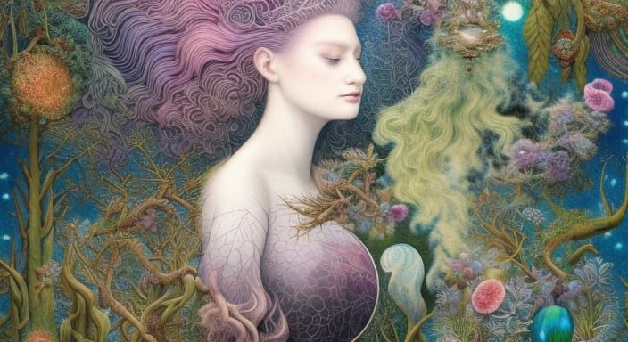 Unicorn-Human Hybrid in Mycelium Network, Detailed Art