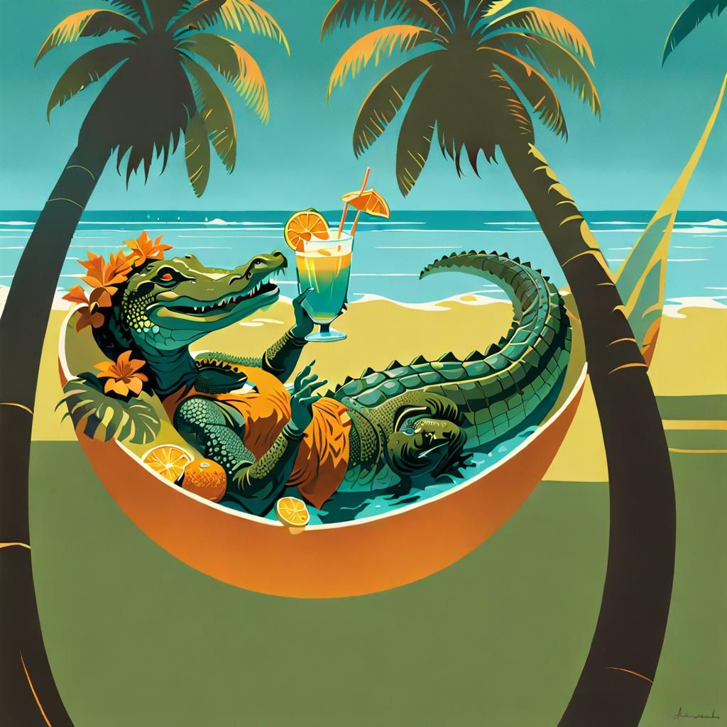 Alligator Sipping Cocktails: Art Deco Silkscreen Print