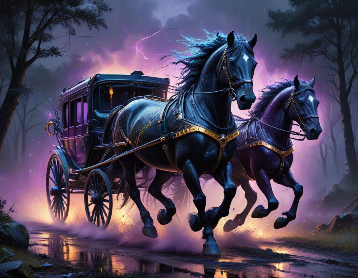 Majestic Black Horse-Drawn Carriage Gallops Through Stormy F...