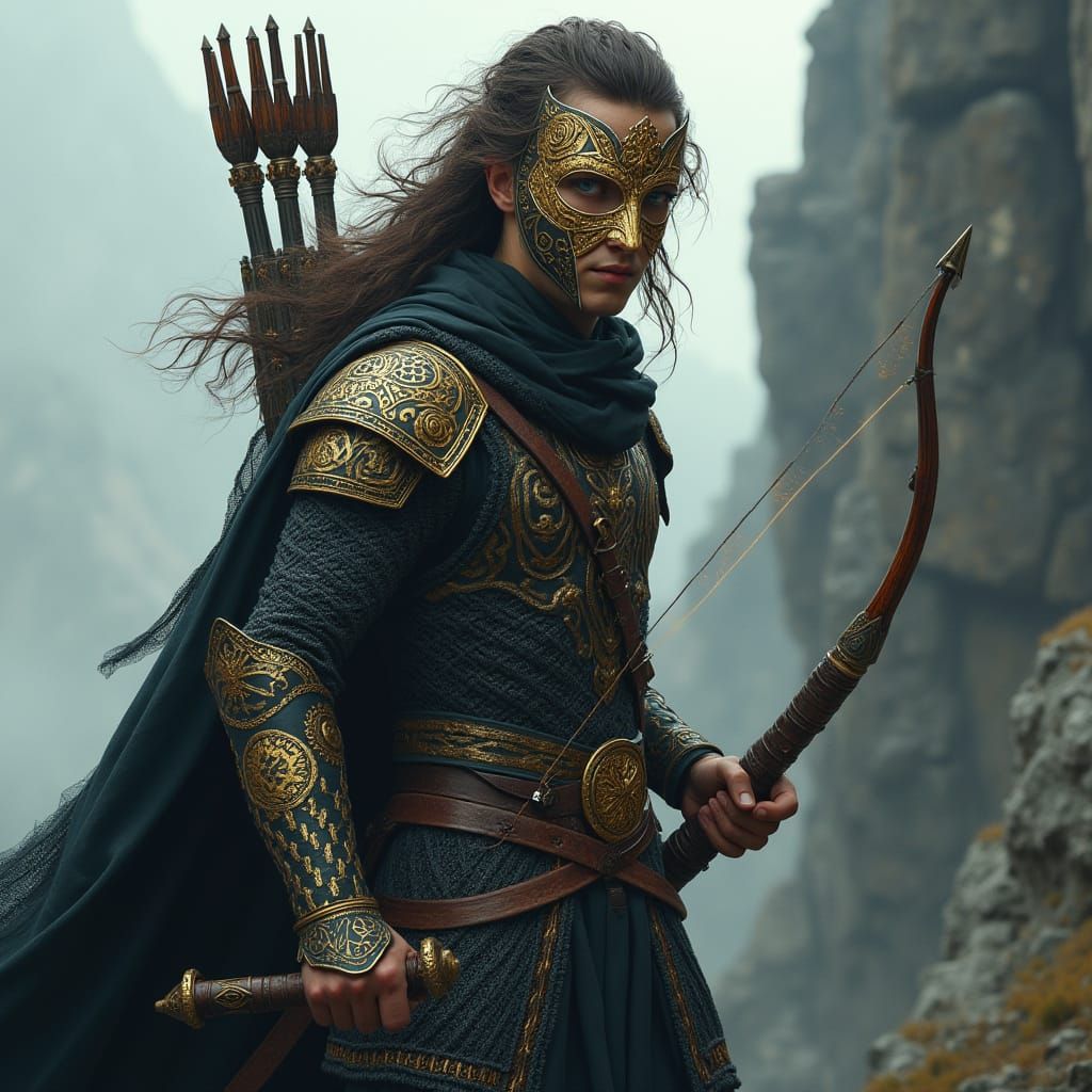 Half Elf Archer in Dark Chain Mail Stands on Cliff with Glow...