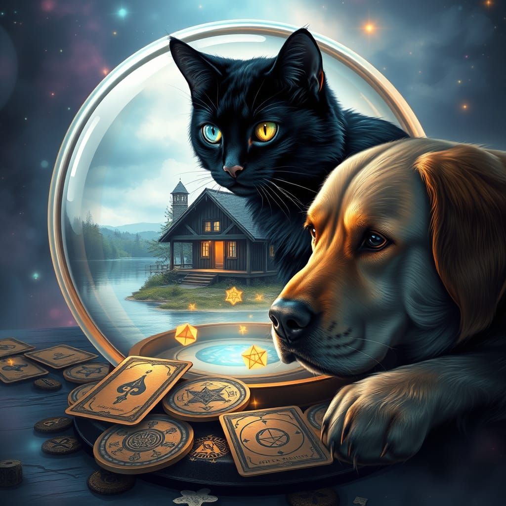 Mystical Cat and Retriever Gaze into Crystal Ball
