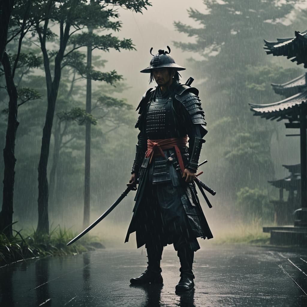 Lone Samurai in Rain, Cinematic Film Still