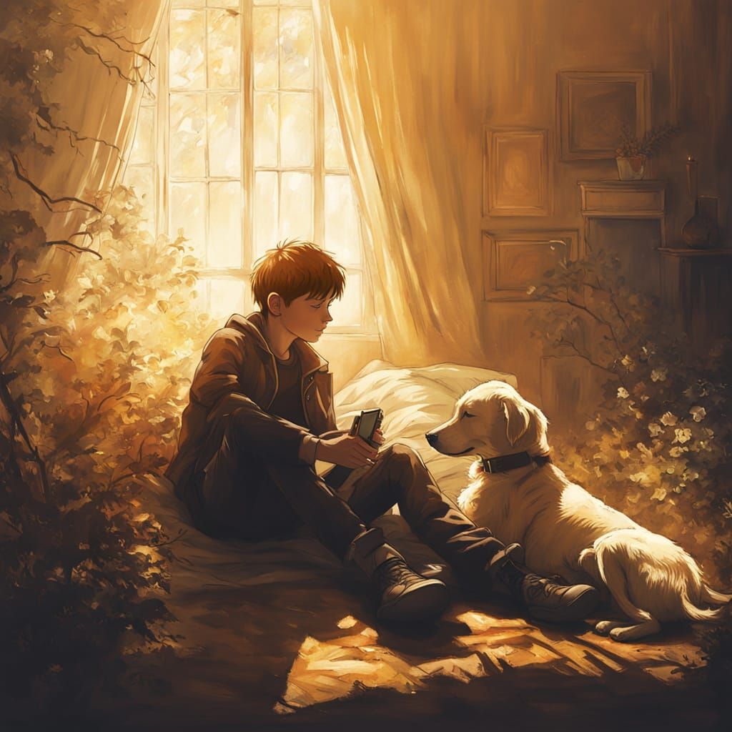 Boy and Dog Asleep in Ethereal Forest Dream