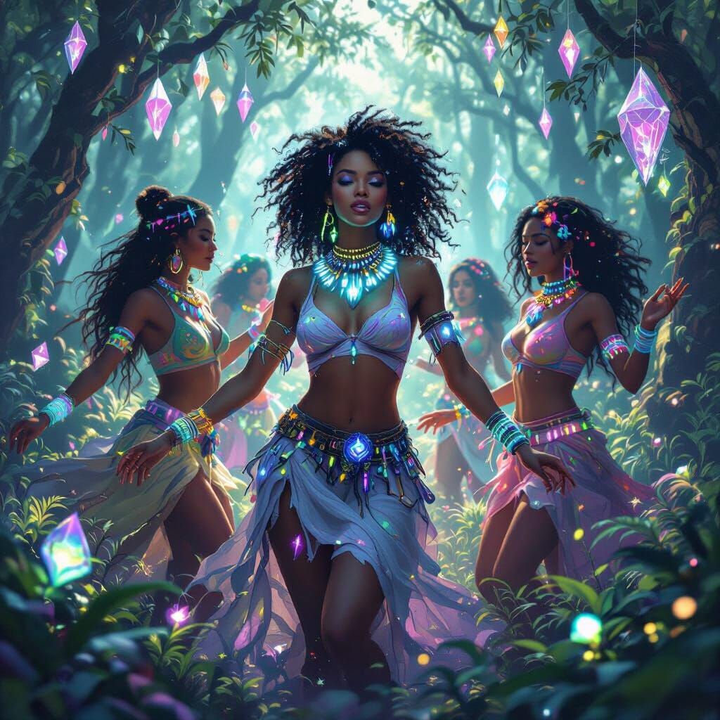 Diverse Women Dancing in Bioluminescent Forest