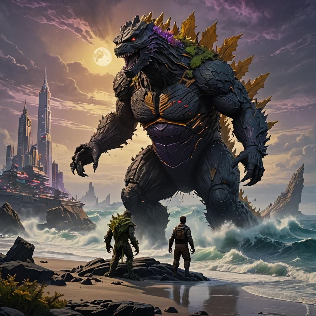 Godzilla and Groot: A Dark Fantasy Concept Art