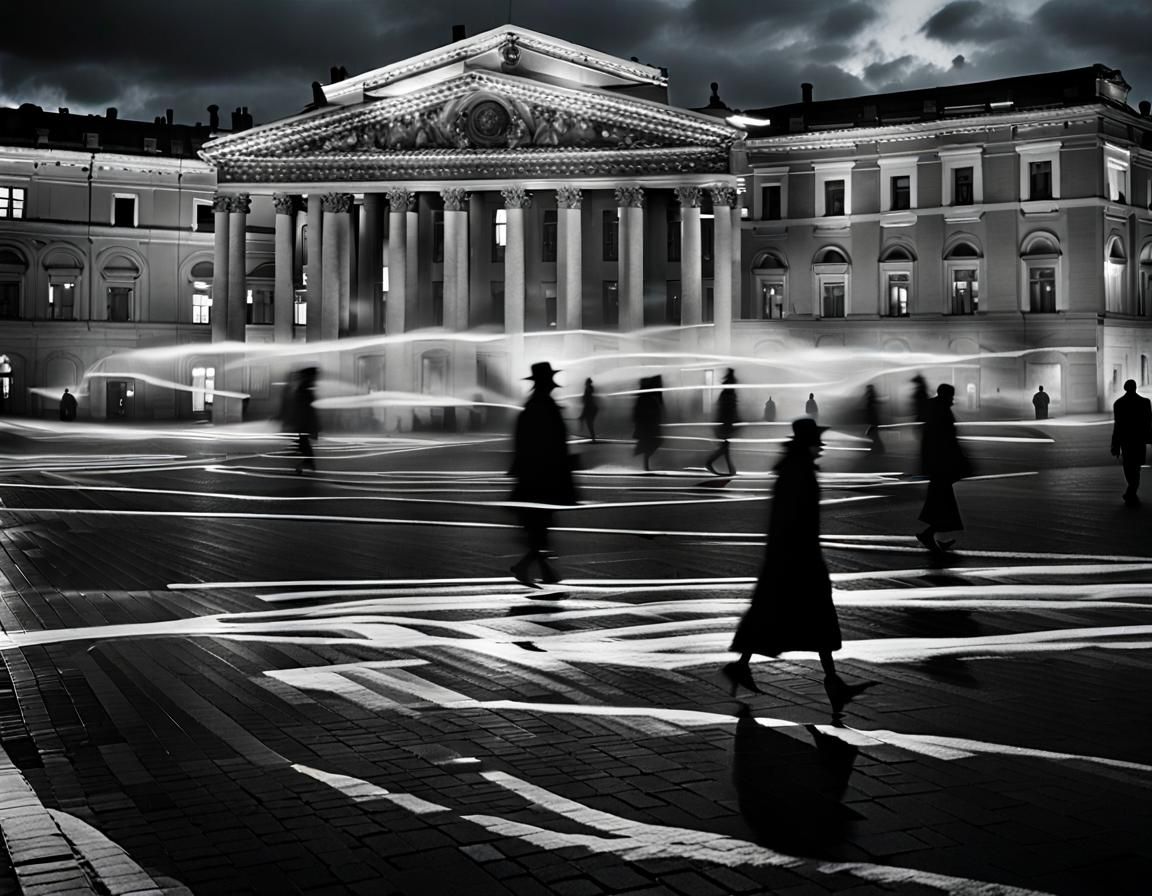 Monochrome Double Exposure of Woman Feeding Pigeons