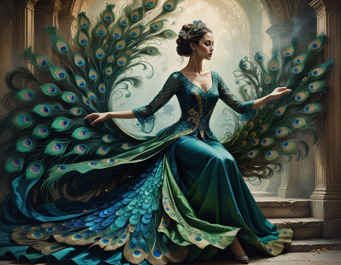 Surreal Dancer Transforms into Majestic Peacock in Oil Paint...