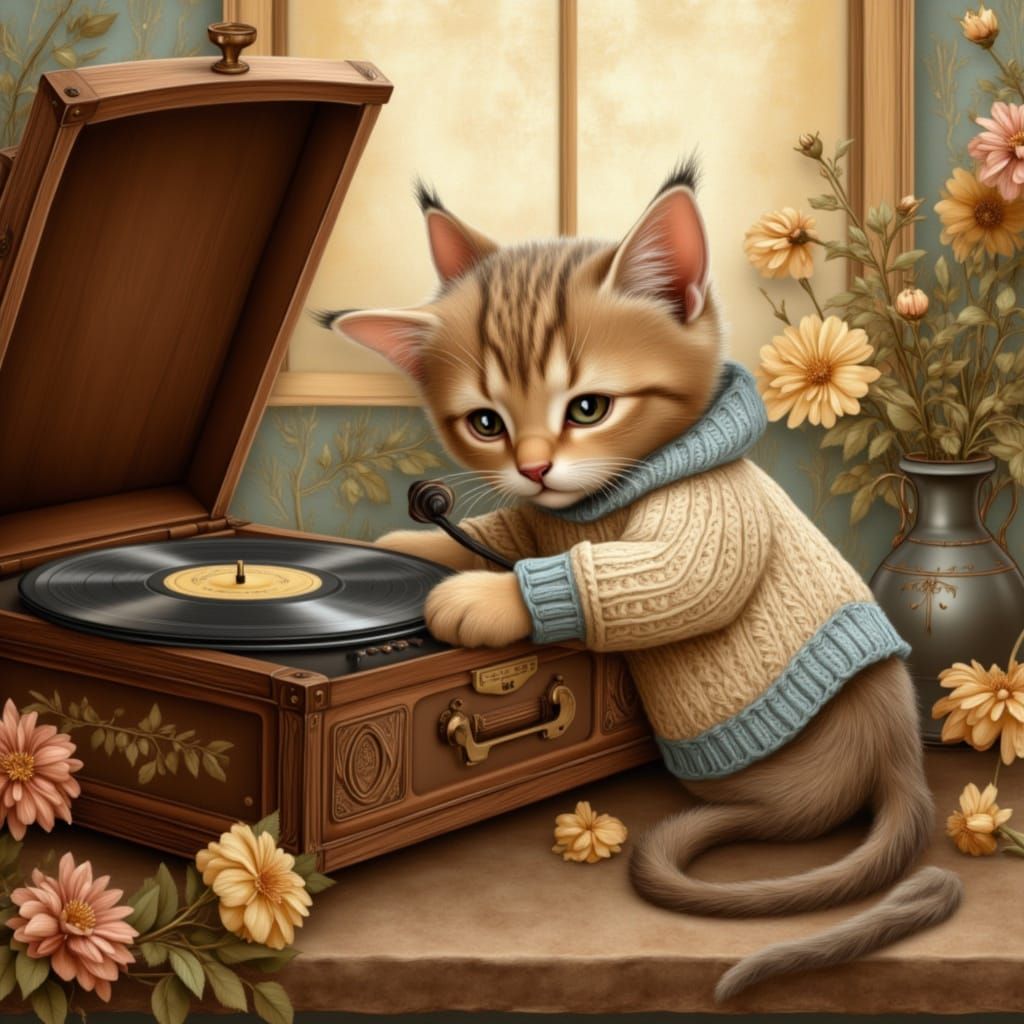 Kitten and Record Player in Nostalgic Vintage Style