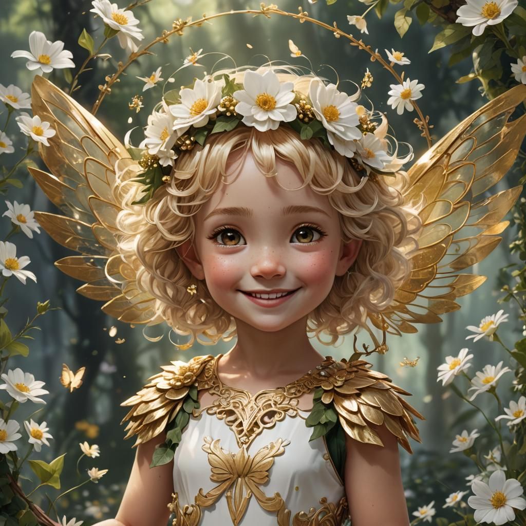 Toddler Fairy with Gold Wings and Flower Wreath