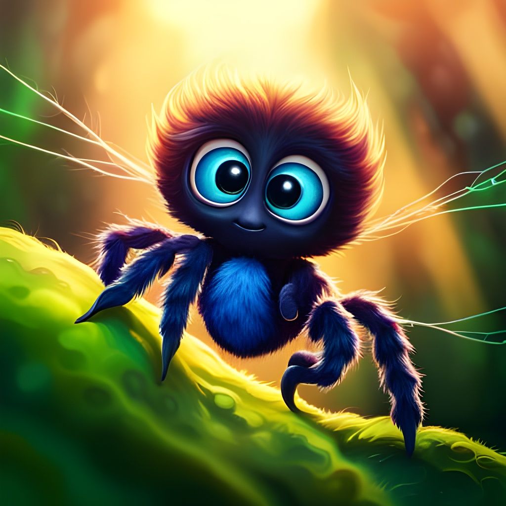 Cute Hairy Spider on Luminous Web in Watercolor Style