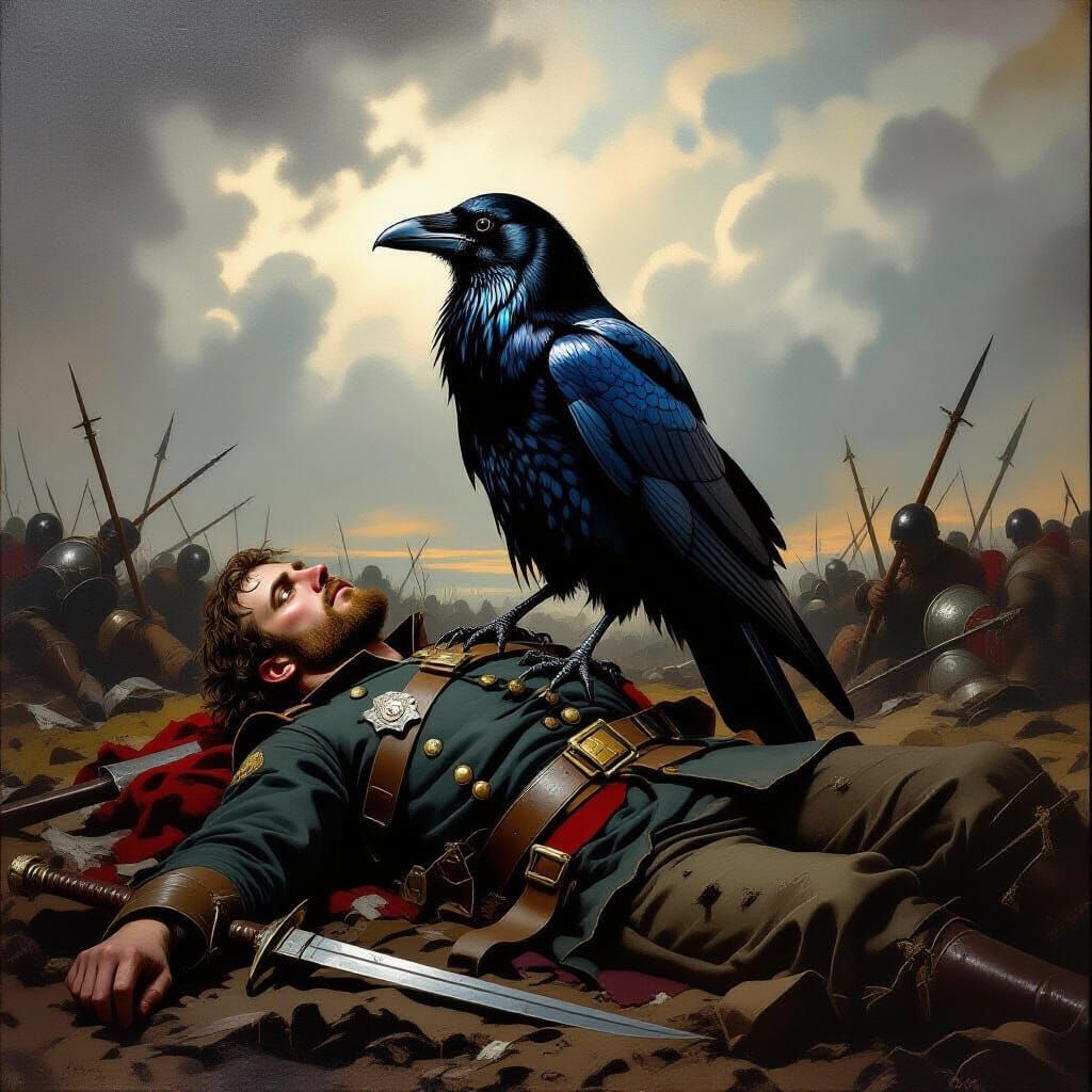Raven on Battlefield in 1734 Oil Painting Style