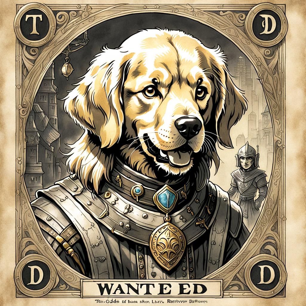 Golden Retriever Humanoid Wanted Poster in Pencil Sketch