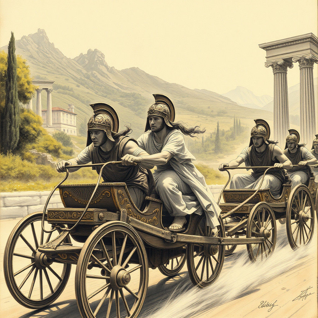 Greek Chariot Race in Charcoal Drawing Style
