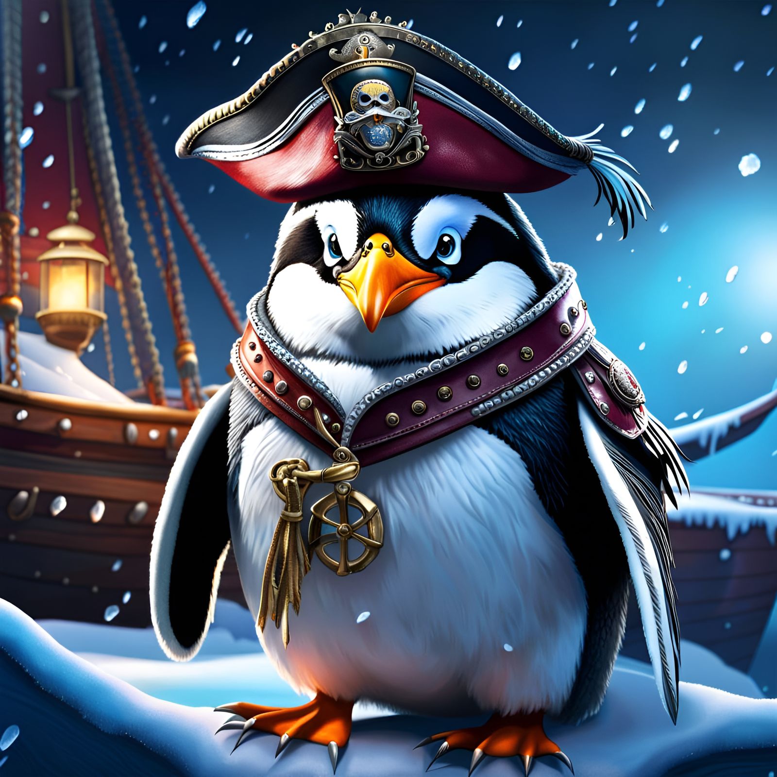 Pirate Penguin on Frozen Ship: Photorealistic Art