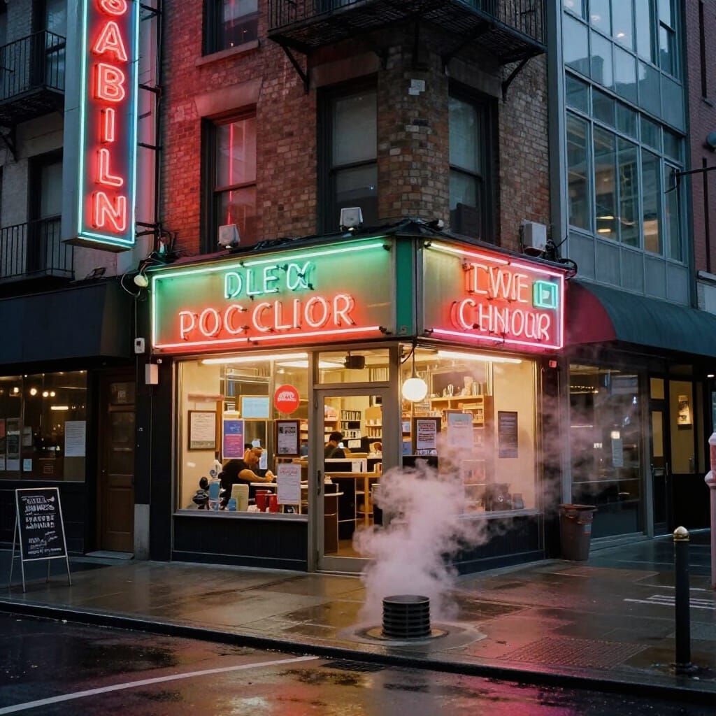 Vibrant City Shop Facade with Neon Glow