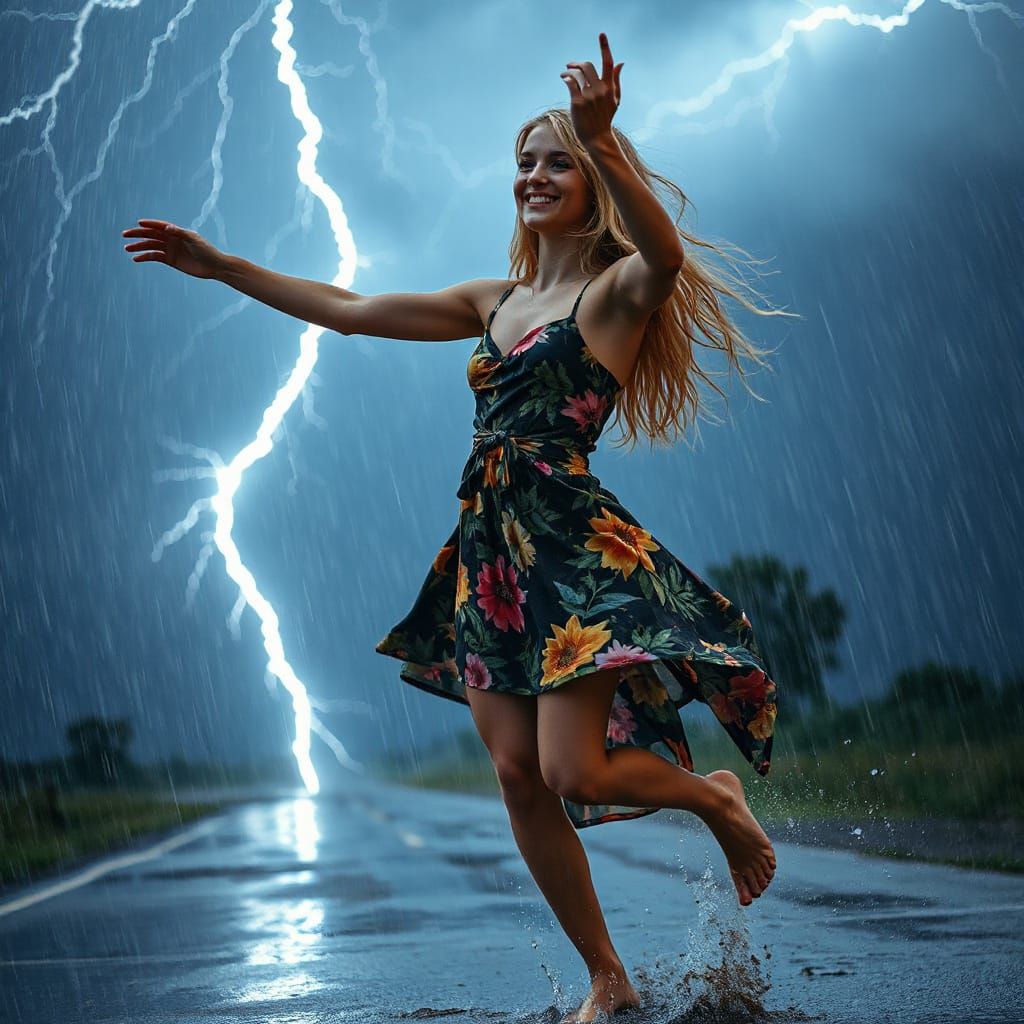 Woman Dancing in Storm, Cinematic Lighting