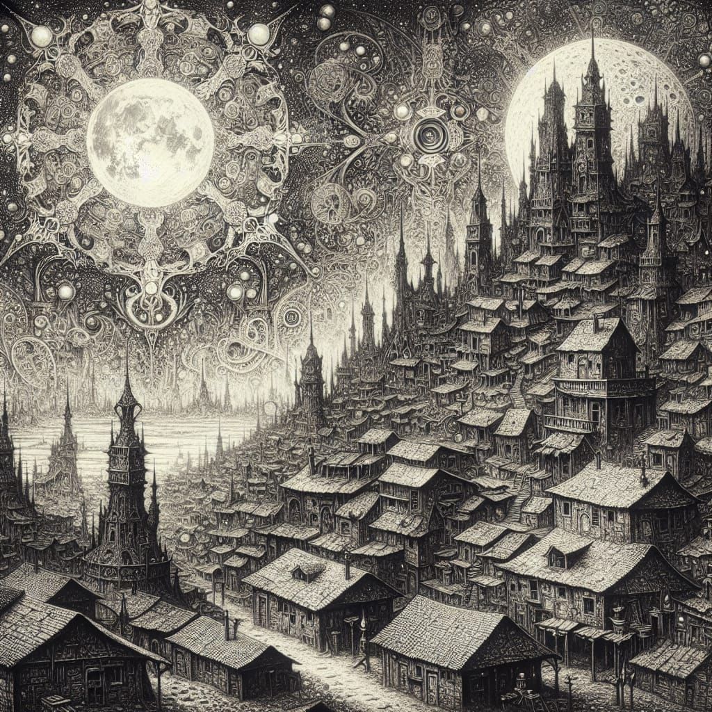 Enchanted Slum Cityscape Under Lunar Dreamscape