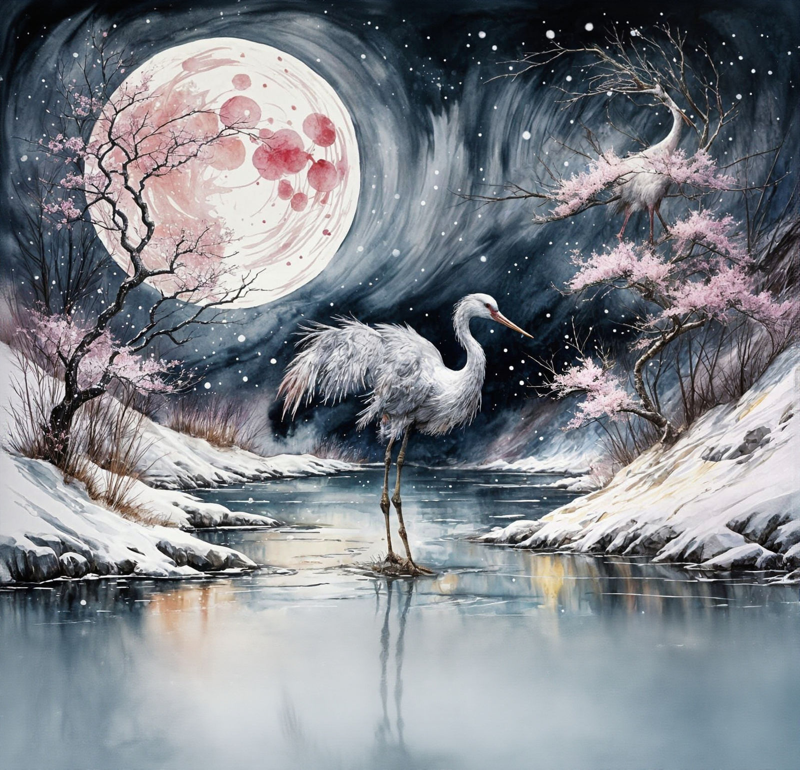 Crane in Snowy Landscape with Melting Moon