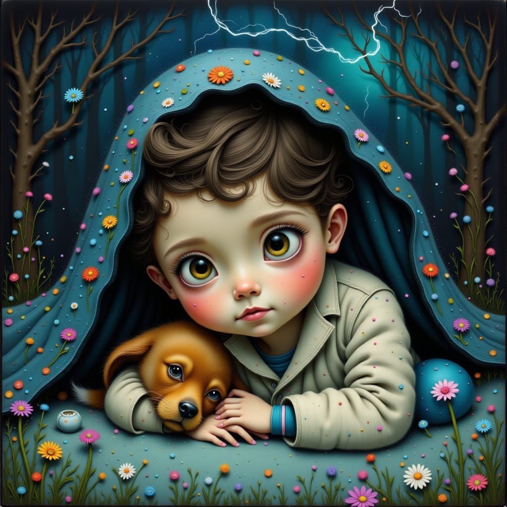 Boy and Puppy Hide During Storm, Illustrated Style