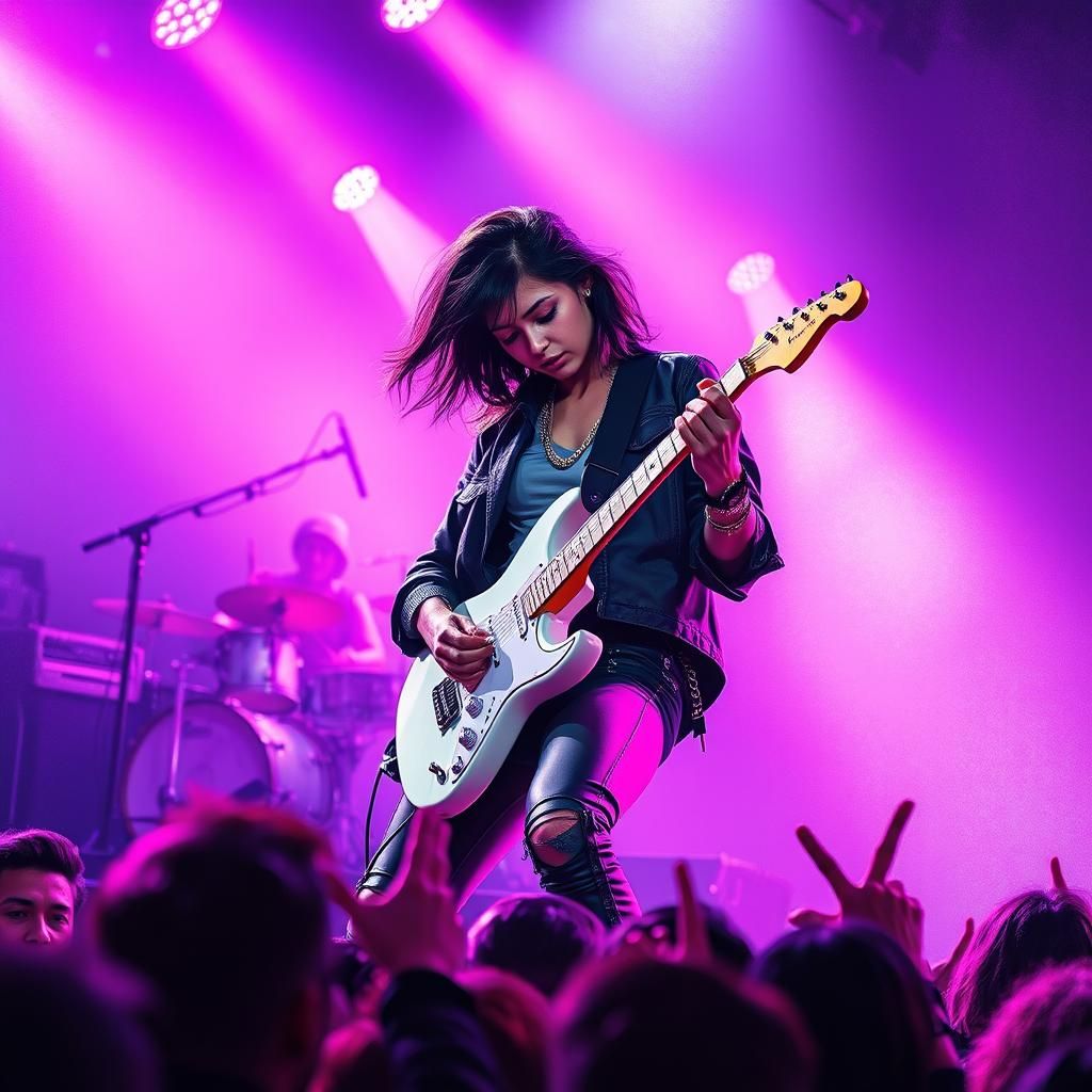 Brunette Musician on Stage with Polychromatic Lighting