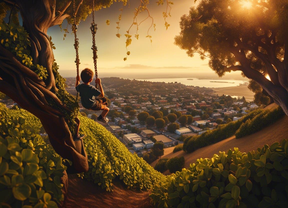 Boy on Vine Swing Overlooking California Bay