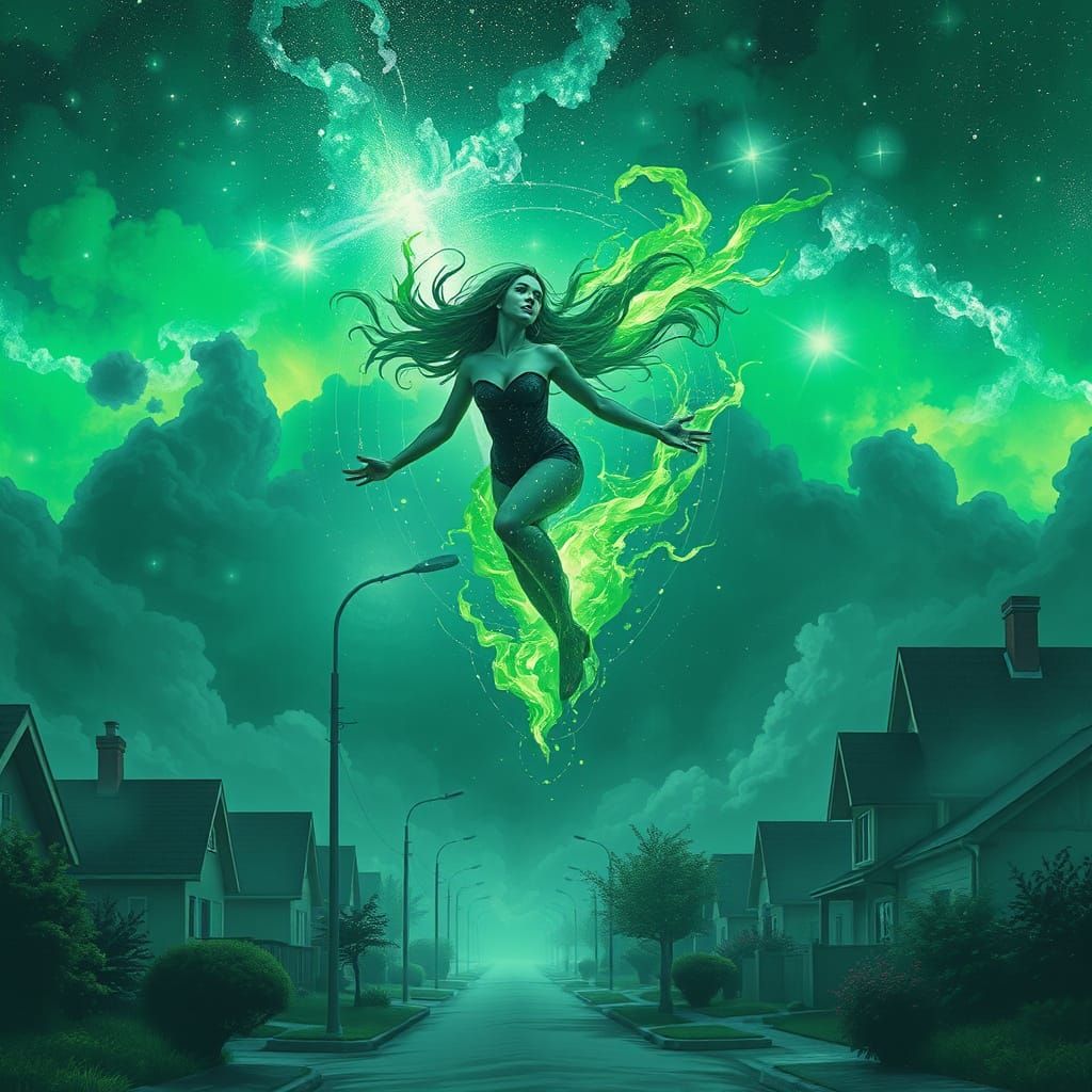 Cosmic Green Haired Woman Levitates in Ethereal Fire