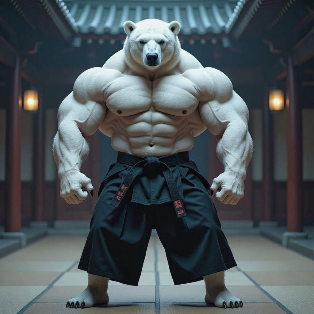 Aikido Polar Bear Bodybuilder: Cinematic Film Still