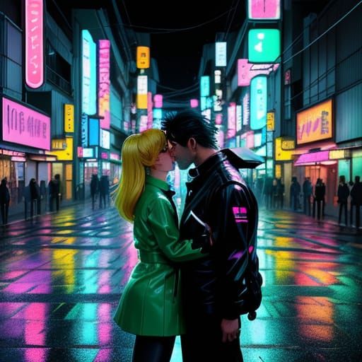 Neon Tokyo Anime Couple Portrait in Synthwave Style