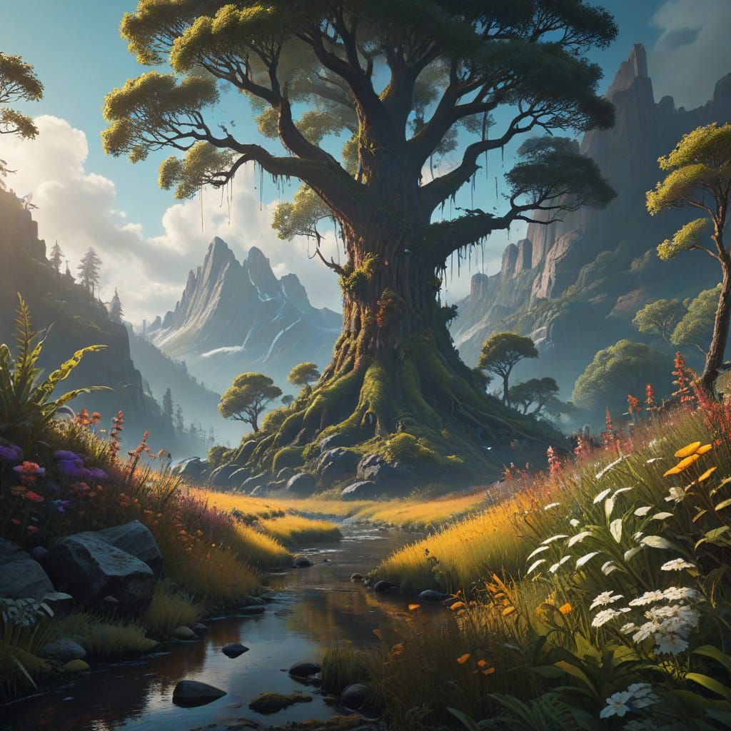 Lush Fantasy Landscape with Majestic Tree and Tranquil River