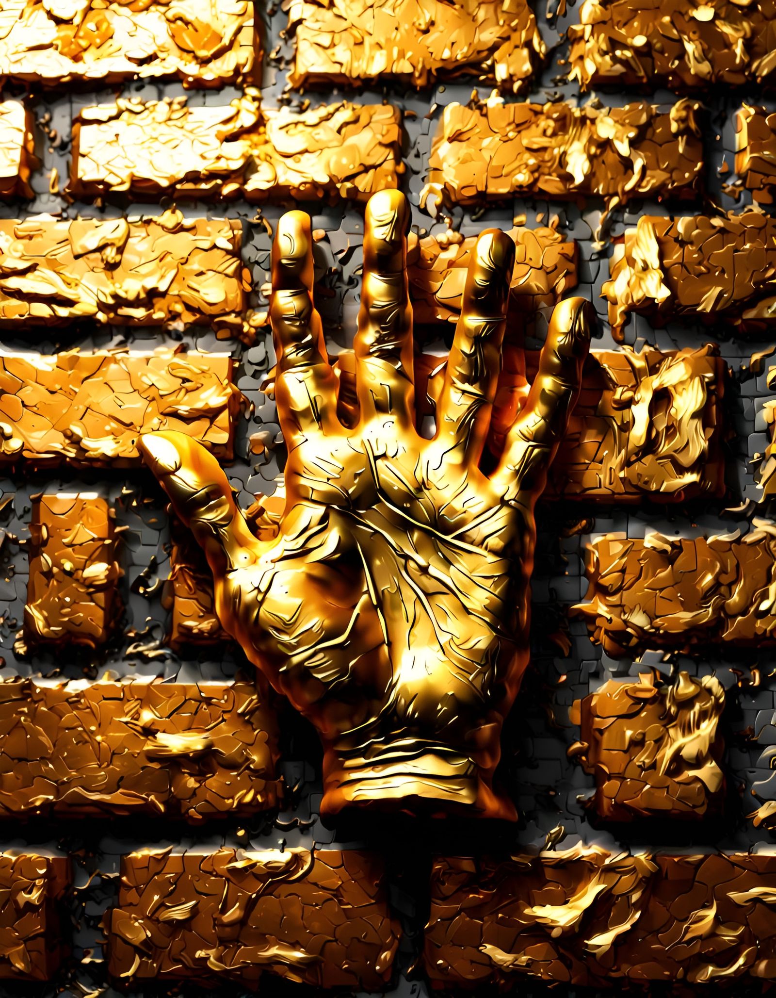 Golden Handprint on Brick Wall in Photorealistic Style