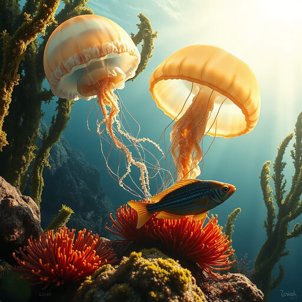 Glowing Jellyfish and Bioluminescent Fish in Sunlight