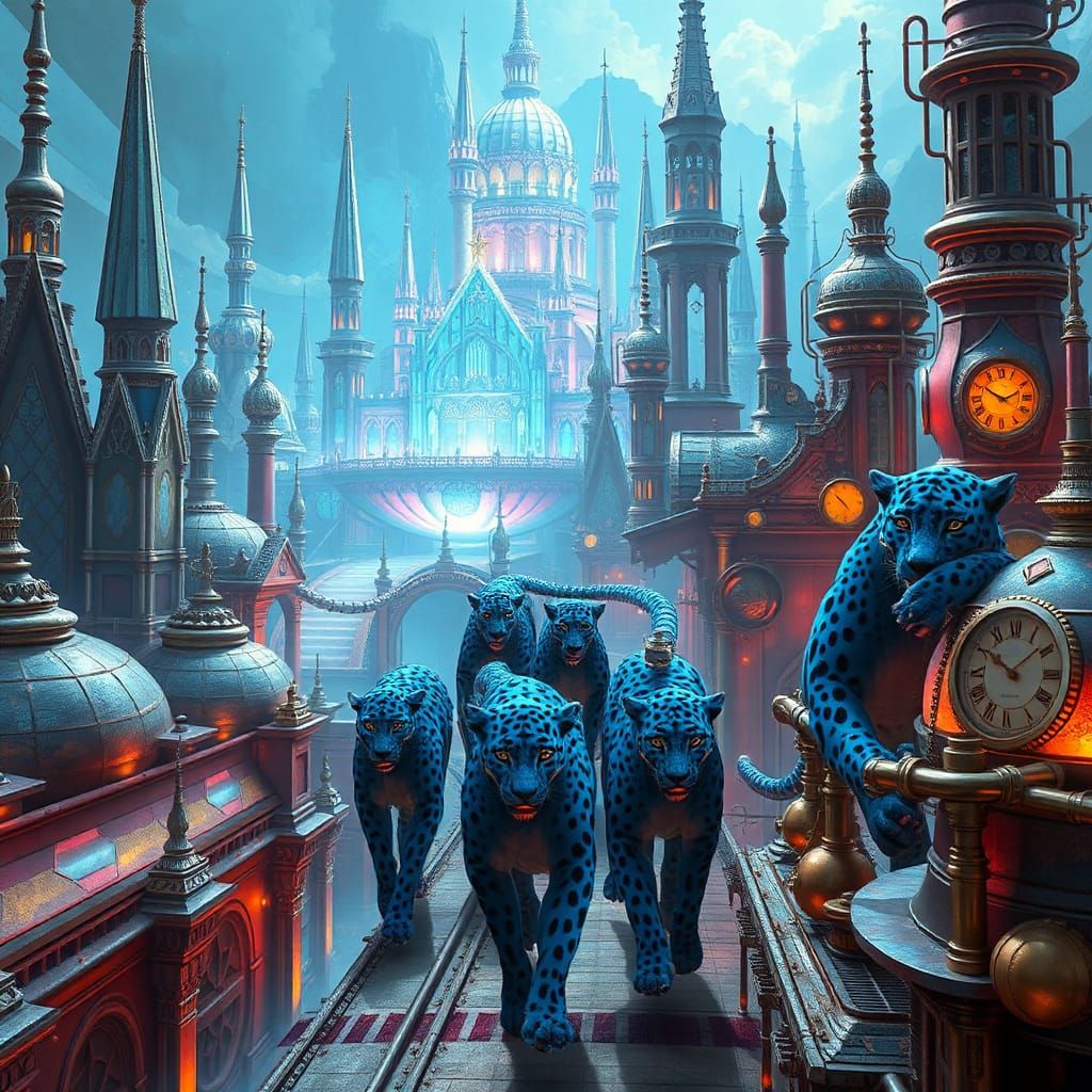 Iridescent Cityscape with Blue Leopard Gods